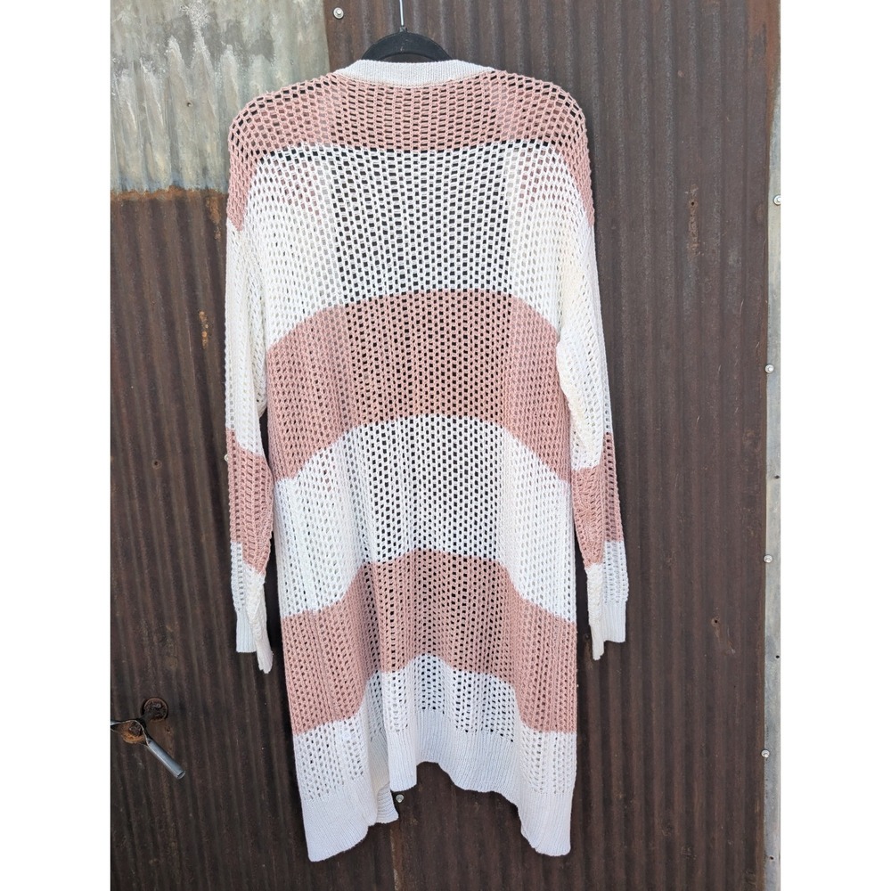 Womens Open Knit Cardigan Size Medium Pink Stripe Crochet Nautical Beach Coastal - Picture 3 of 9